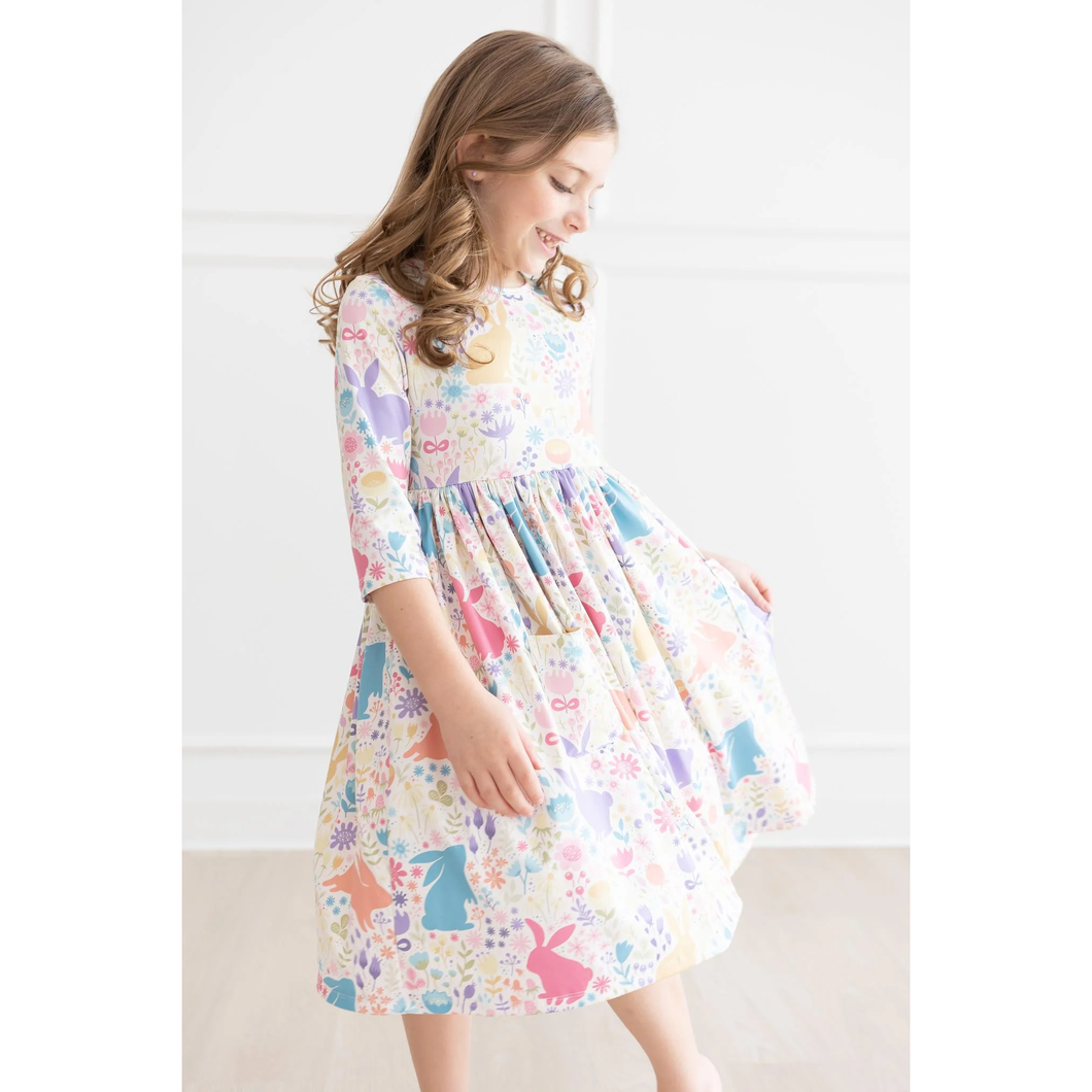 Pastel Floral Bunnies Pocket Twirl Dress