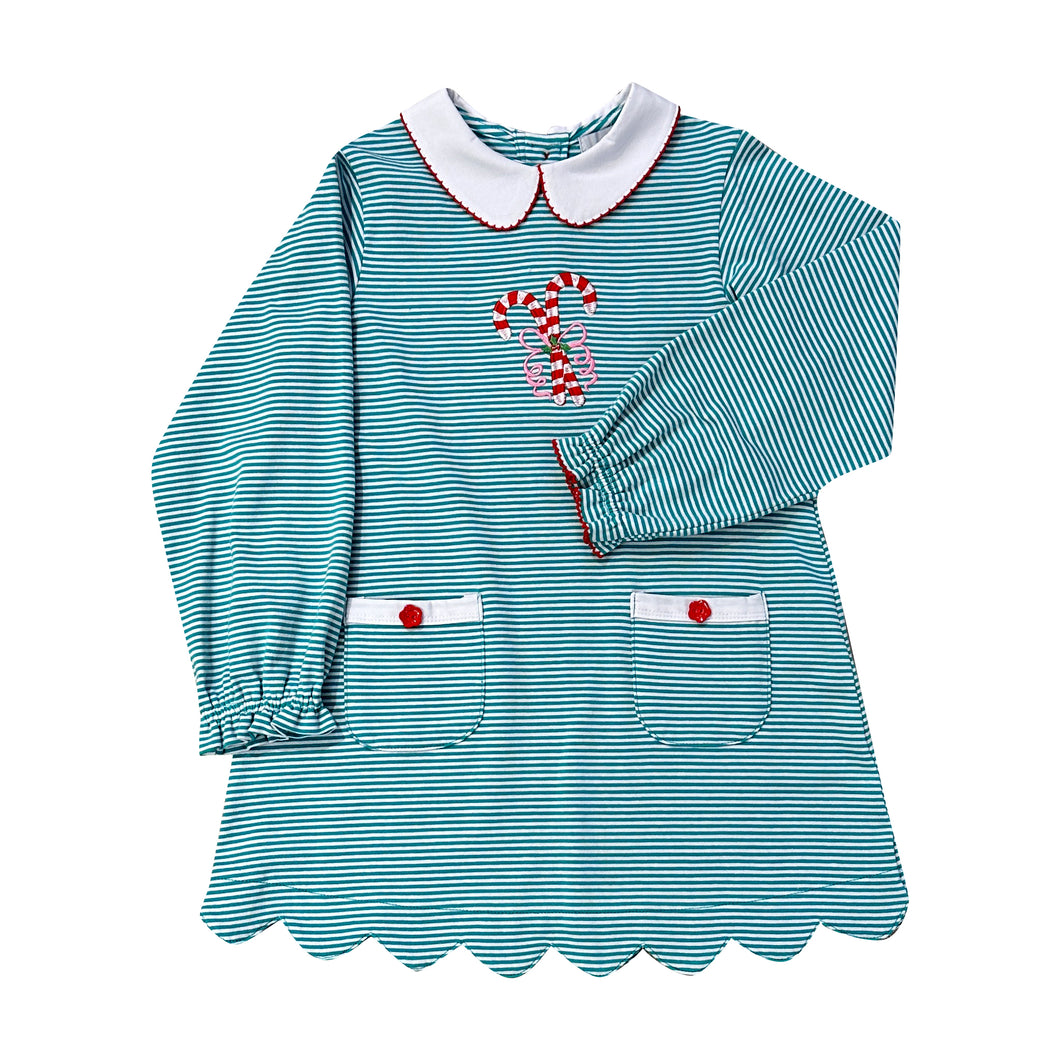 Candy Cane Applique Dress- Green Stripe