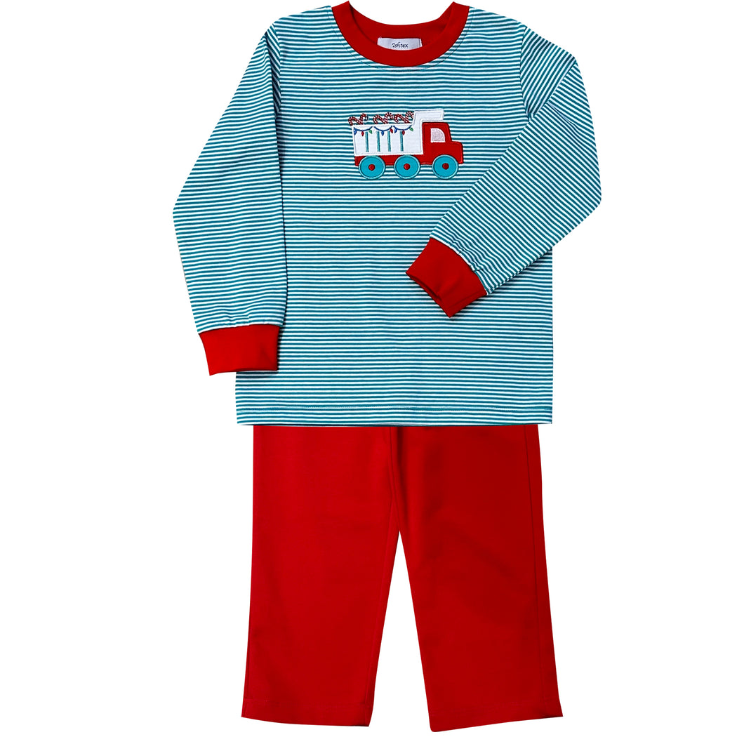 Christmas Dump Truck Pants Set- Green Stripe/ Red