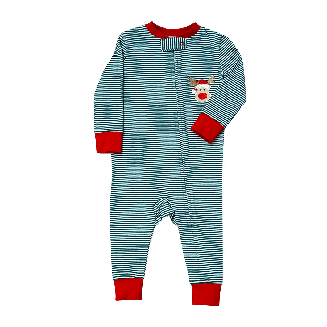 Reindeer Unisex Playsuit- Green Stripe