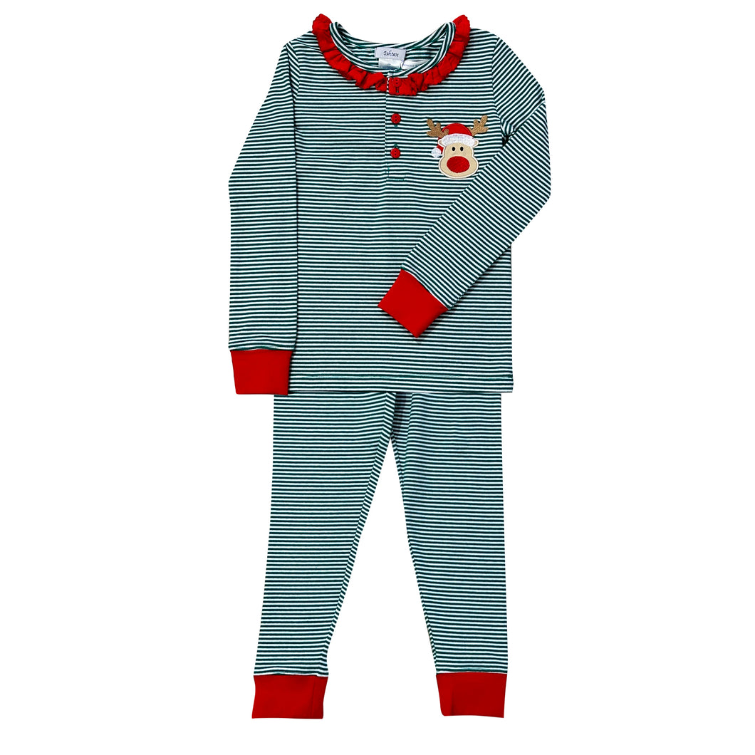 Reindeer Girl's PJ Set- Green Stripe