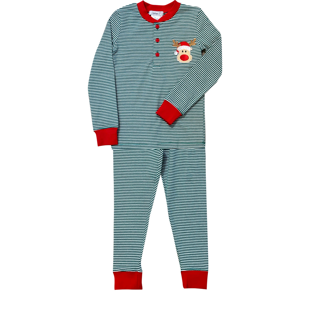 Reindeer Boy's PJ Set- Green Stripe