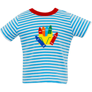 Crayons Appliqué Shirt- Turquoise Stripe