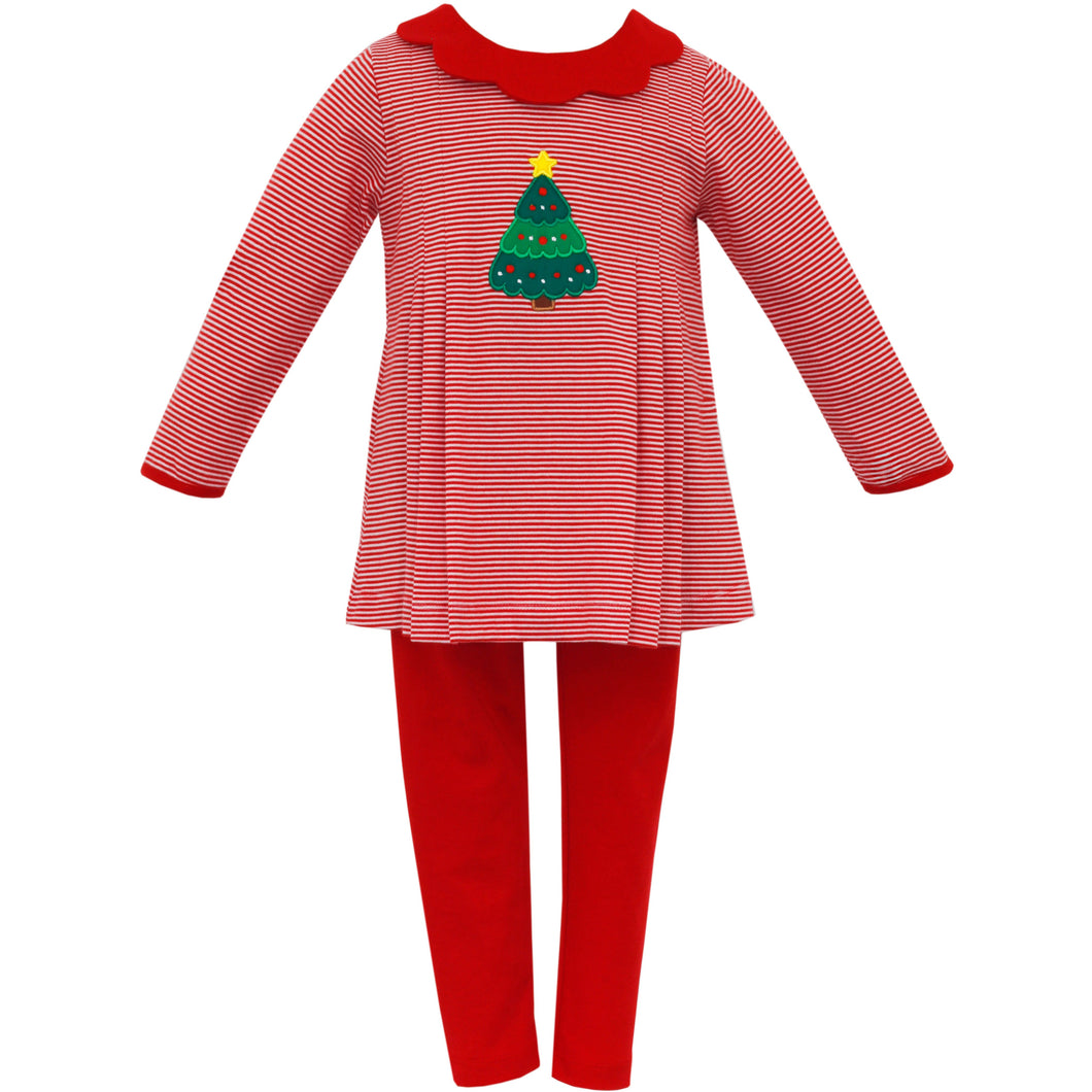 Christmas Tree Applique Tunic Set w/ Scallop Collar & Leggings- Red Stripe