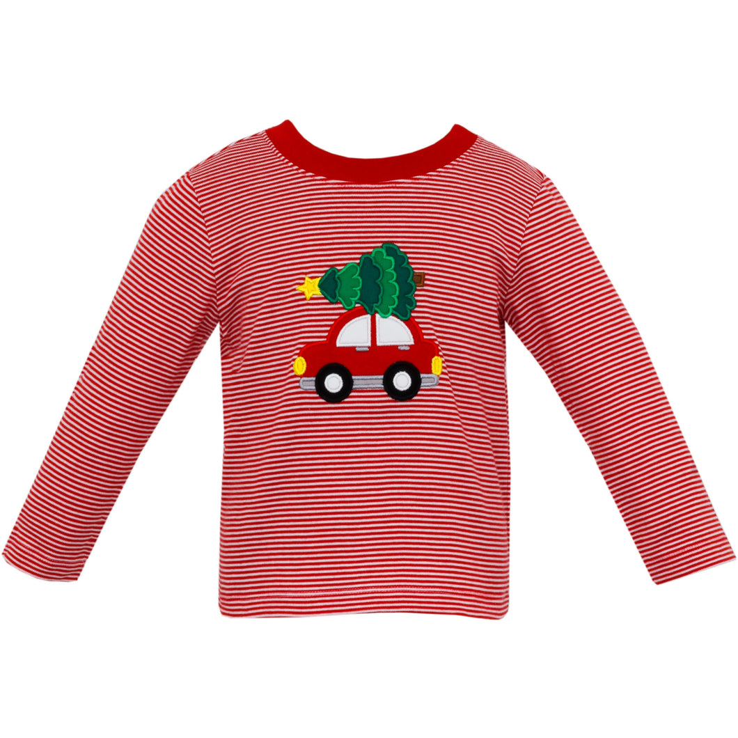 Christmas Tree w/ Car Applique Shirt- Red Stripe