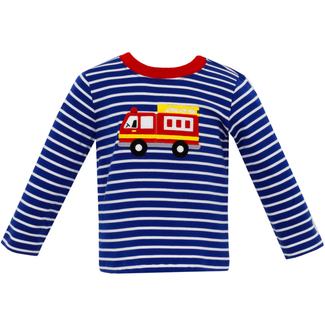 Firetruck Appliqué Shirt- Royal Blue Stripe