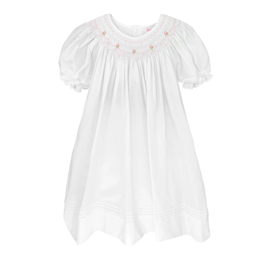 Rose Smocked Bishop Dress- White