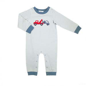 Tow Truck Boy's Romper- Sage Stripe