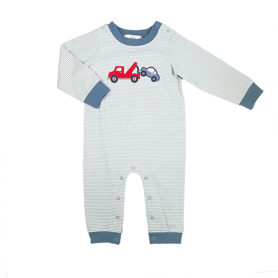 Tow Truck Boy's Romper- Sage Stripe