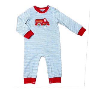 Fire Engine Boy's Romper- Blue Stripe