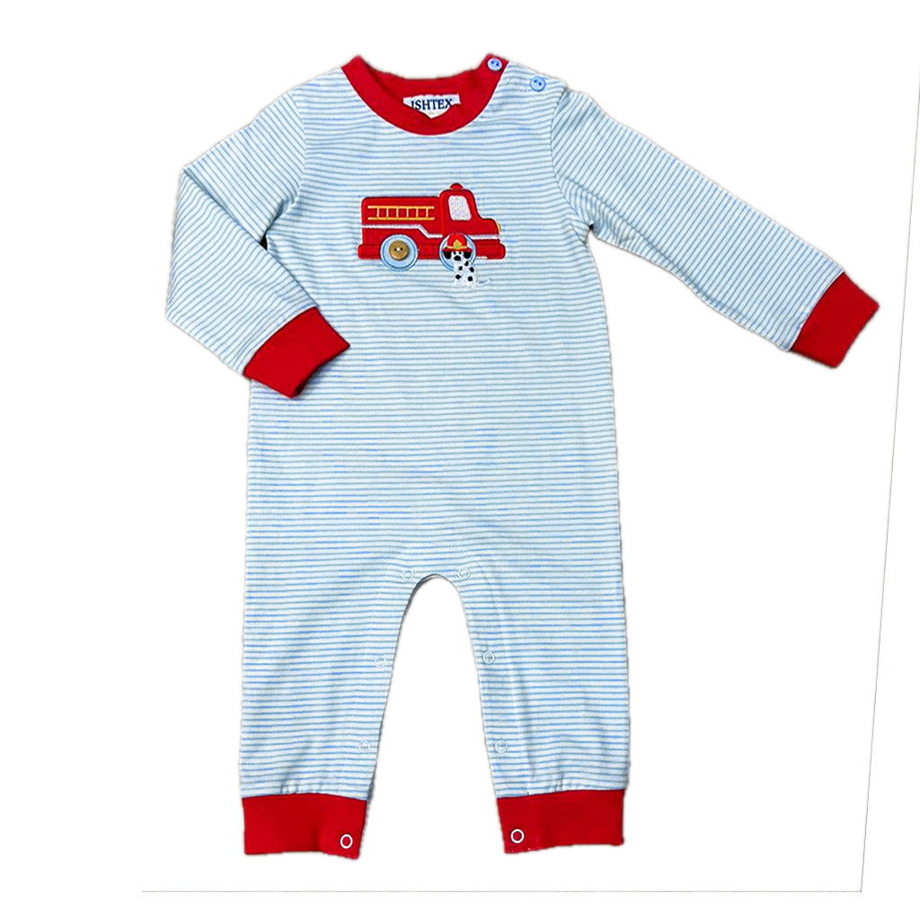 Fire Engine Boy's Romper- Blue Stripe
