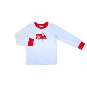 Fire Engine Boy's T-Shirt- Blue Stripe