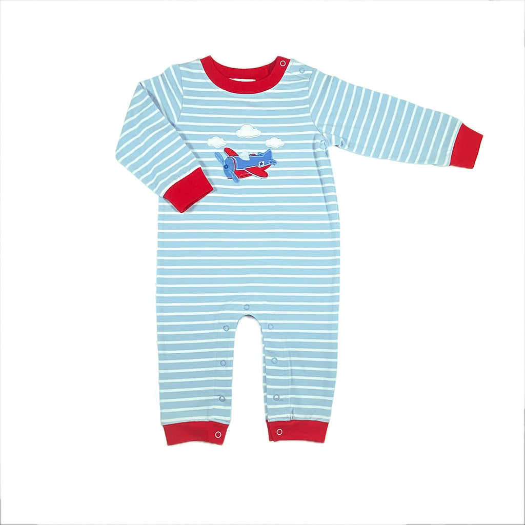 Airplane Boy's Romper- Blue Stripe