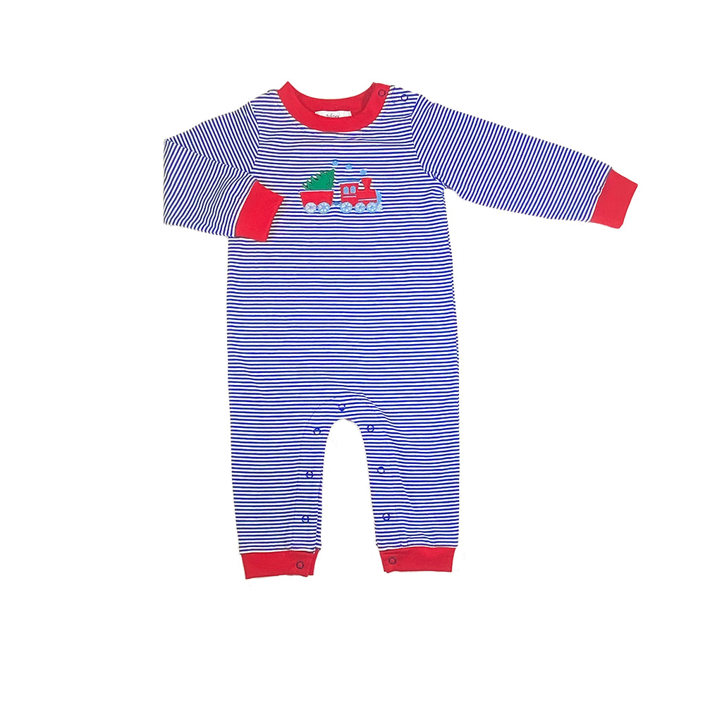 Christmas Train Boy's Romper- Royal Blue Stripe