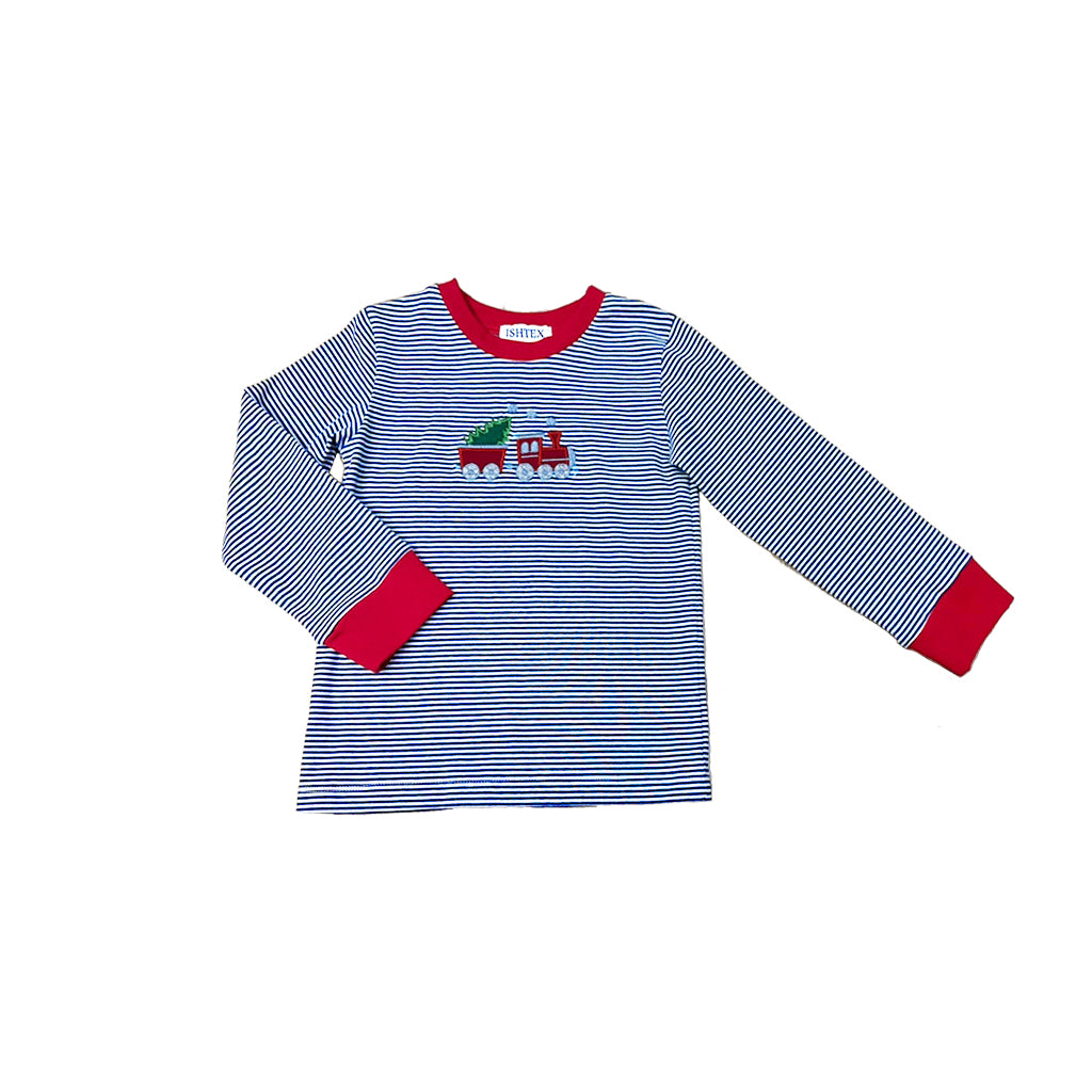 Christmas Train Boy's T-Shirt- Royal Blue Stripe