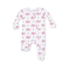 Load image into Gallery viewer, Bubbly Whale w/ Bow 2 Way Ruffle Back Zipper Footie
