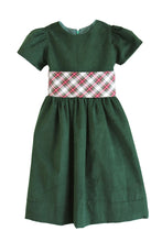 Load image into Gallery viewer, Green Cord Dress w/ Festive Plaid Waist Sash
