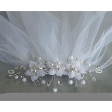 Load image into Gallery viewer, Veil on Comb w/ Organza Flowers Rhinestones, Pearls, Crystals
