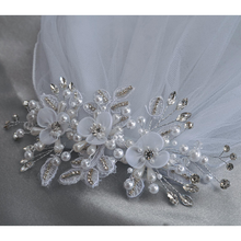 Load image into Gallery viewer, Veil on Comb - Organza Flowers w/ Pearls &amp; Rhinestones
