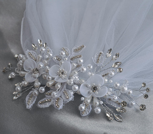 Veil on Comb - Organza Flowers w/ Pearls & Rhinestones
