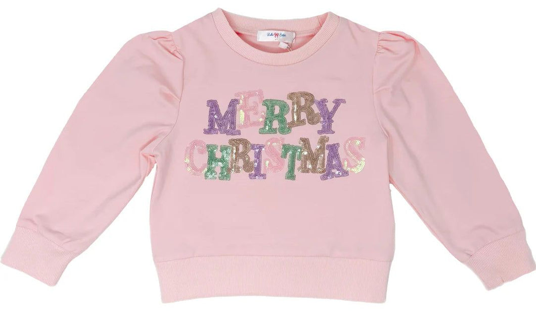 Lily Xmas Sequin LS Puff Sleeve Shirt in Pastel Pink