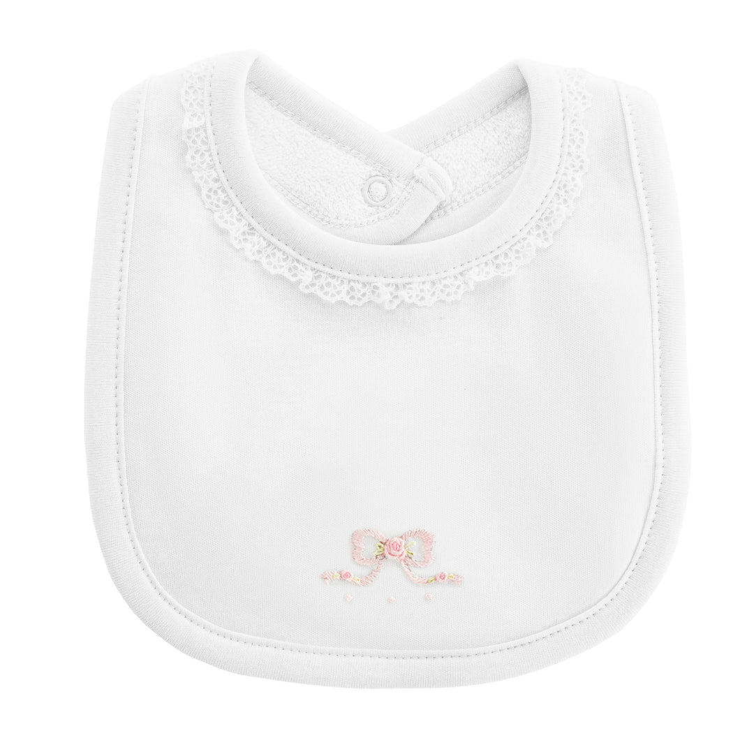 Pretty Bows Embroidered Bib w/ Lace Trim- White