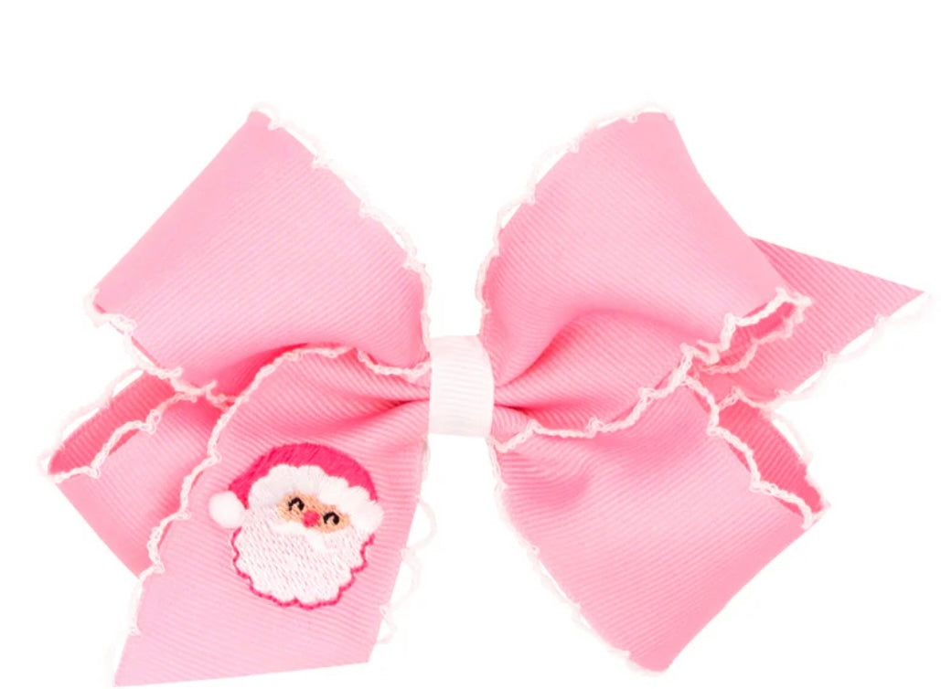 Moonstitch Hair Bow - Embroidered Santa - White & Pink