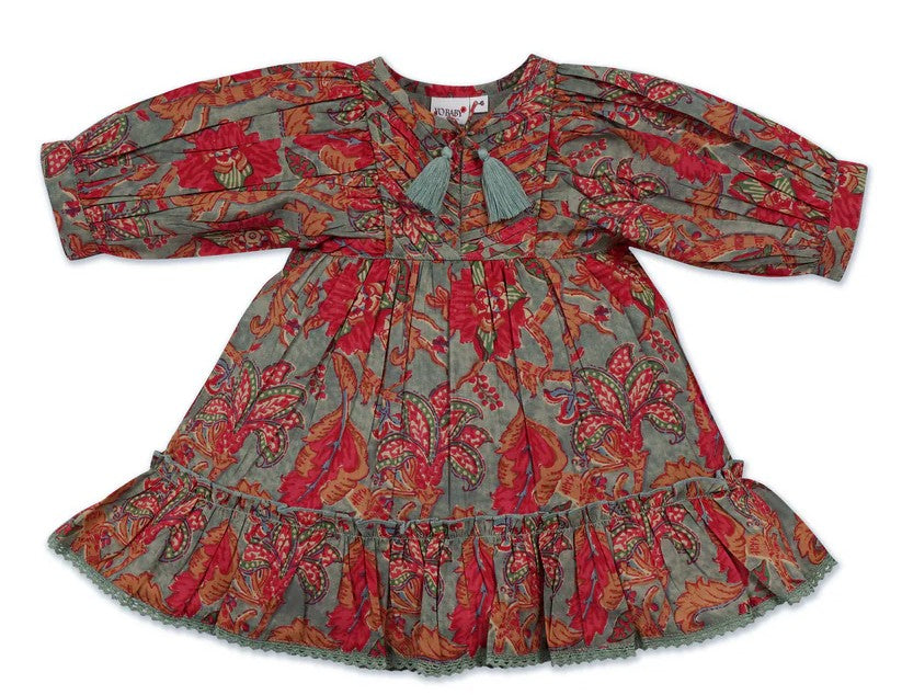 Dress Set w/ Rev Vest & Bag- Sage Floral/Red