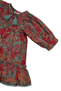 Dress Set w/ Rev Vest & Bag- Sage Floral/Red