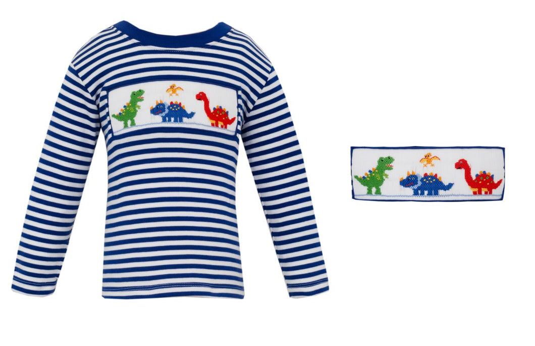 Dinos Smocked T-Shirt LS- Blue Stripe