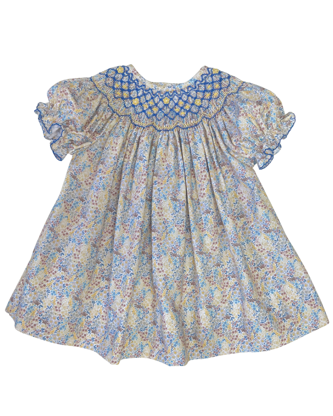 Blue & Yellow Floral Emma Smocked Bishop Dress