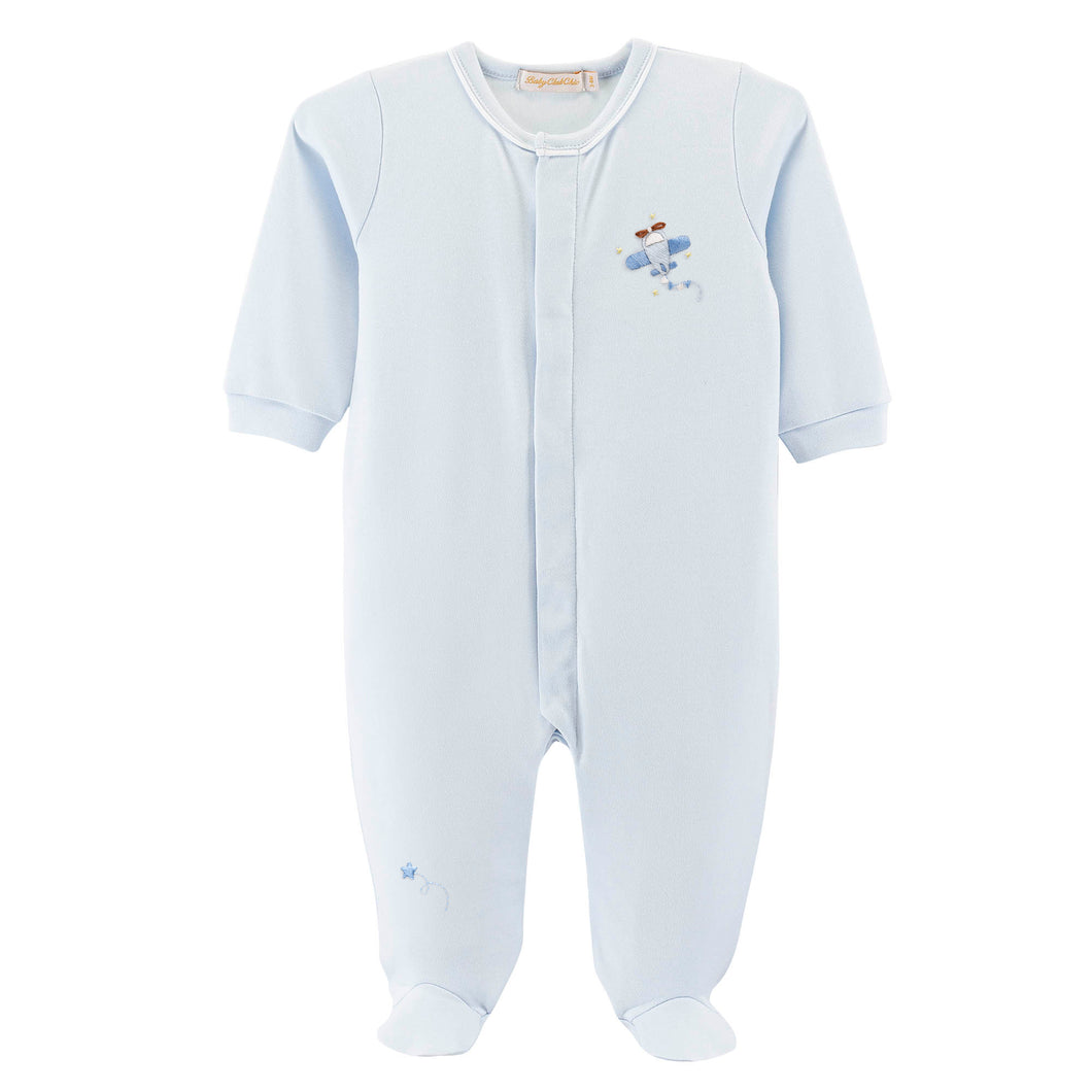 Sky Adventure Embroidered Footie w/ Piping- Blue