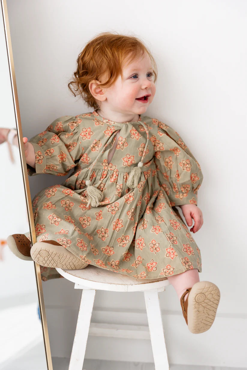 Dress Set w/ Vest & Bag- Sage Floral/Off-White
