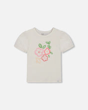 Load image into Gallery viewer, Pink Flower Tee w/ Puff Sleeves- White
