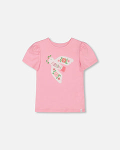 Bird Tee w/ Puff Sleeves- Candy Pink