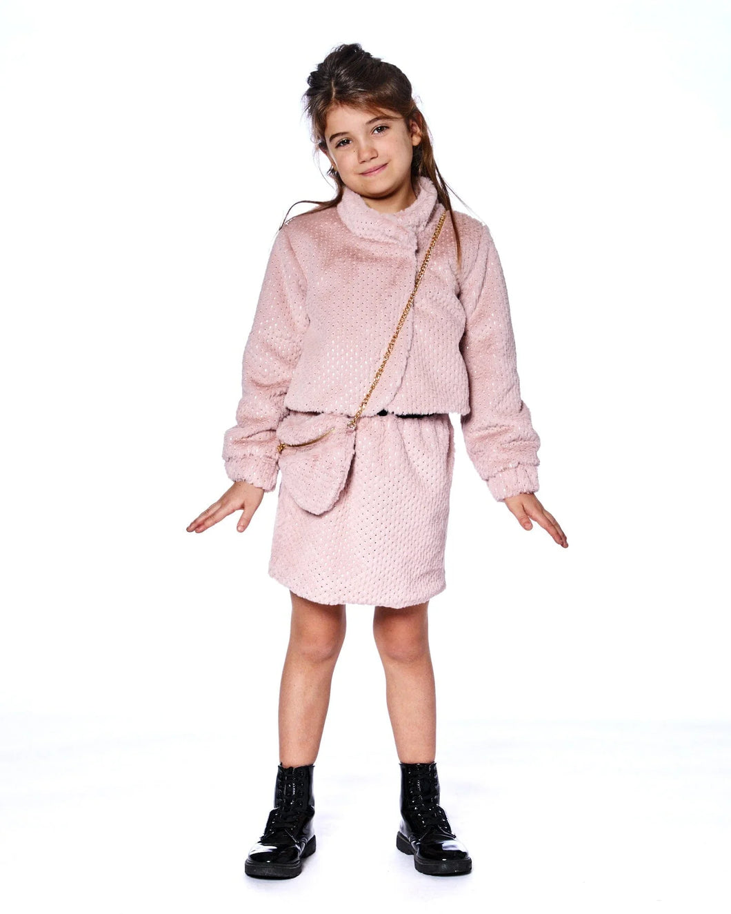 Top w/ Faux Fur Jacket, Skirt & Purse Set- Silver Pink