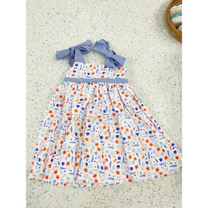 Julia Sea Shells Lt. Blue Gingham Bow Strap and Sash Dress