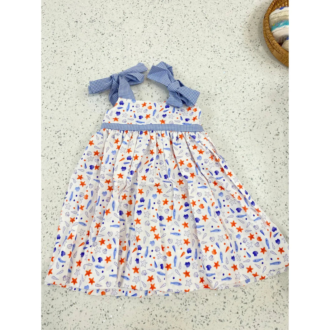 Julia Sea Shells Lt. Blue Gingham Bow Strap and Sash Dress