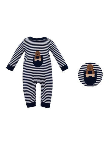 Puppy Pocket Applique Romper- Dk. Blue Stripe