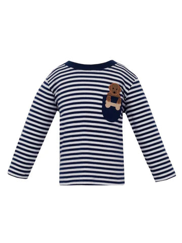 Puppy Pocket Appliqué Shirt- Dk. Blue Stripe