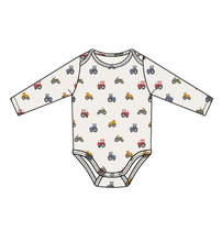 Load image into Gallery viewer, Mini Tractors Lap Shoulder Bodysuit- White/Blue
