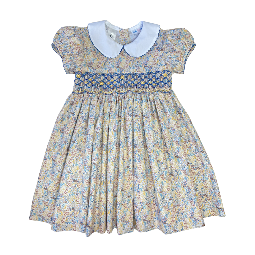 Blue & Yellow Floral Rose Smocked Waist Dress