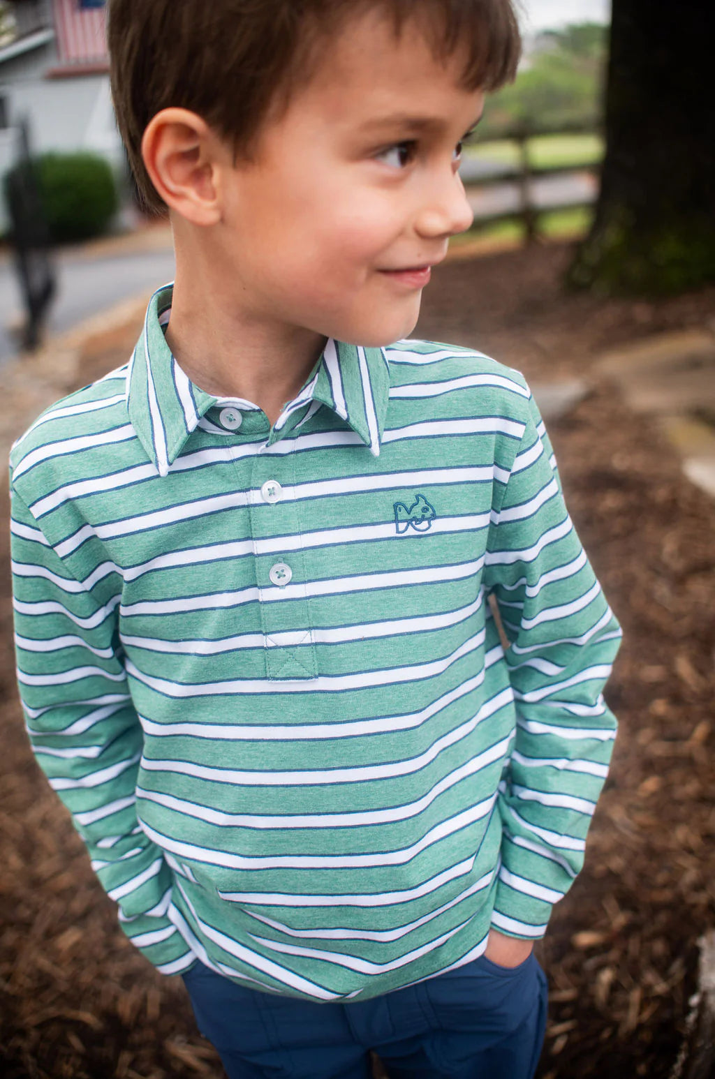 Stripe Polo LS- Denim/Spruce