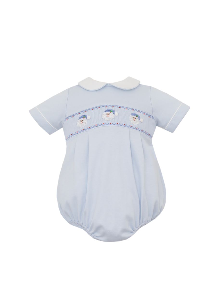 Santa Faces Smocked Bubble- Lt Blue