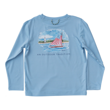 Load image into Gallery viewer, Pro Performance Fishing Tee with American Flag Sailboat- Placid Blue

