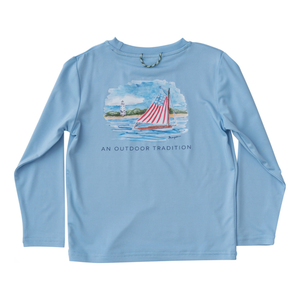 Pro Performance Fishing Tee with American Flag Sailboat- Placid Blue