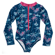 Load image into Gallery viewer, Surf and Turf One Piece Suit with Palm Tree Print- Navy
