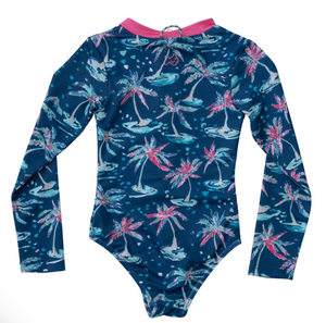 Surf and Turf One Piece Suit with Palm Tree Print- Navy
