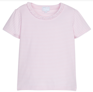 Short Sleeve Scoop Ruffle Tee - Light Pink Stripe