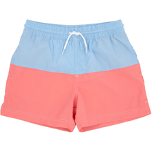 Load image into Gallery viewer, Country Club Colorblock Trunks - Beale Street Blue &amp; Parrot Cay Coral
